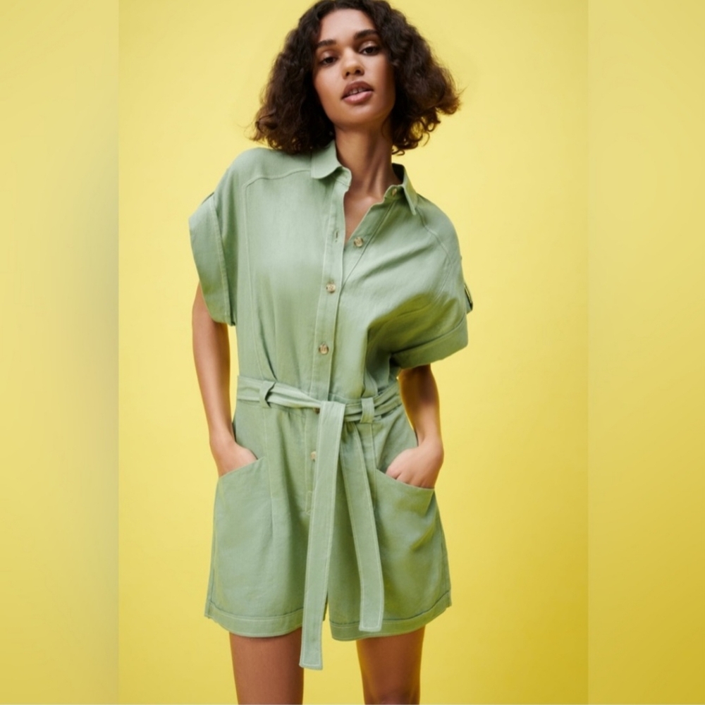 Zara Green Short-Sleeve Belted Romper